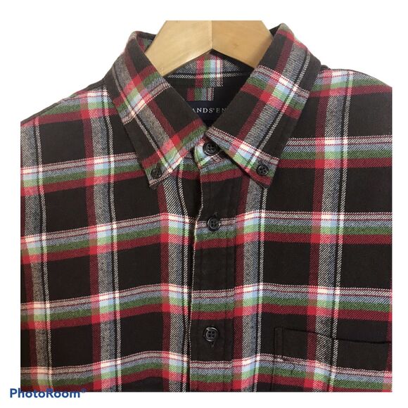 Lands End Mens Brown Plaid Flannel Button Up Shirt Size Medium 100% Cotton - Picture 1 of 4
